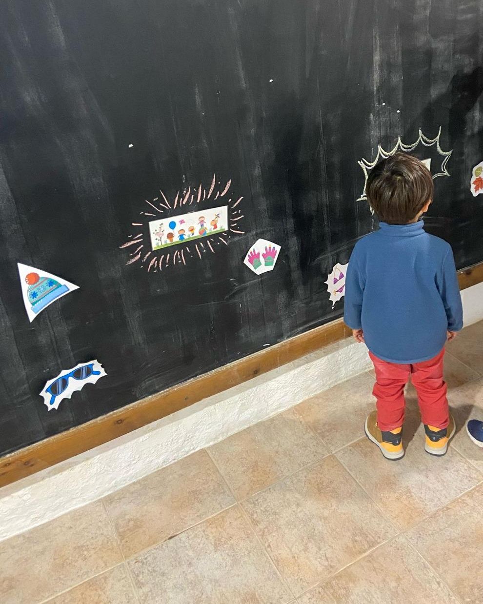 A young child, seen from behind, looking at pictures of a winter hat, gloves, sunglasses and autumn leaves stuck on a chalkboard